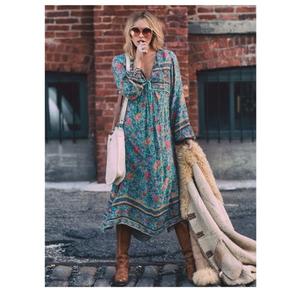 R. Vivimos Long-sleeved Maxi Floral Blue Green Boho Dress Sz XL 16-18